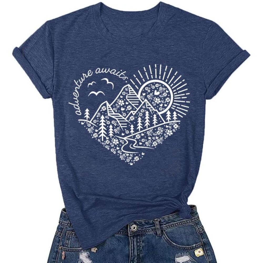 Women Adventure Awaiting Nature Graphic Cotton Blend T-Shirt Medium